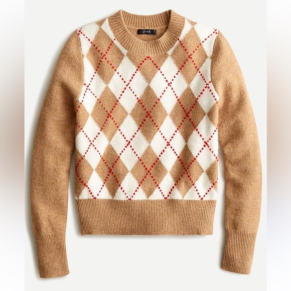 J. Crew Tan & White Alpaca Merino Wool Argyle Crop Crewneck Sweater Size XXL - Picture 1 of 5